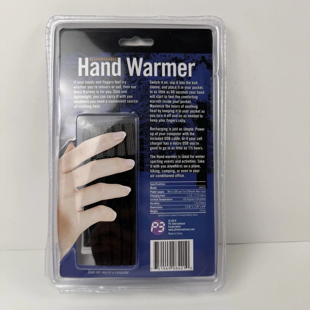 P3 International Rechargeable Hand Warmer Black Sleeve & USB Charging Cable NEW